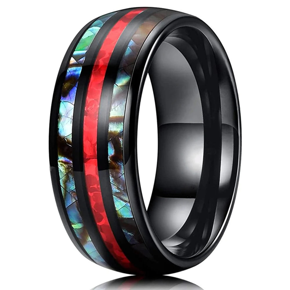 Fashion 8mm Black Titanium Steel Rings For Men Inlay Red Opal and Colorful Abalone Shell Ring Men's Wedding Band Jewelry Gifts