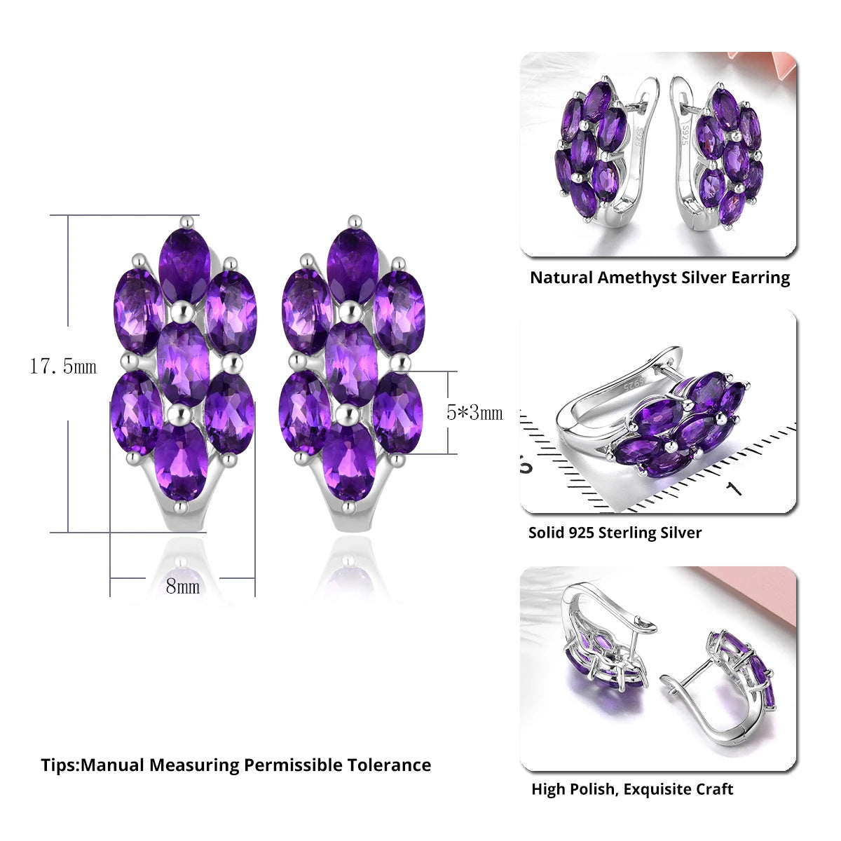 Natural Amethyst Sterling Silver Clip Earring Genuine Deep Purple Amethyst 2.8 Carats Women Classic Fine Jewelrys S925 Silver