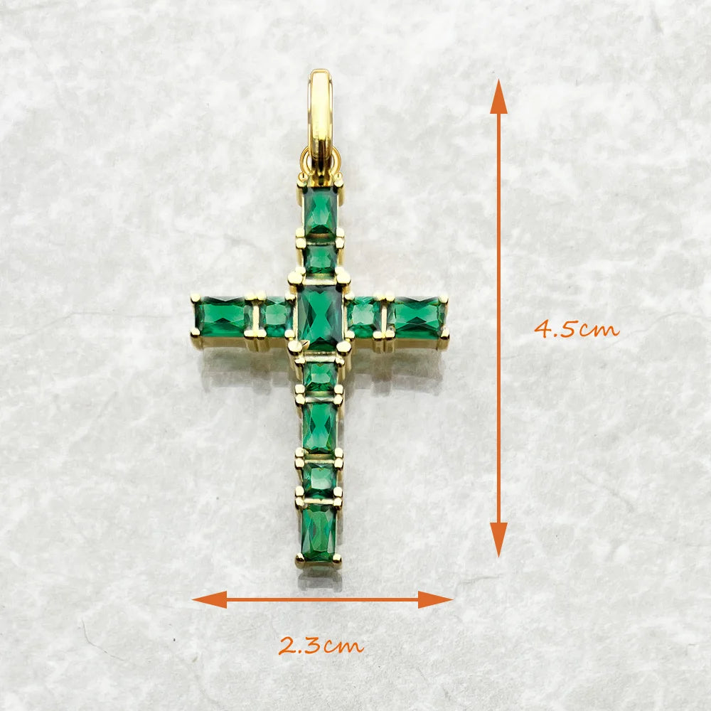 Gold Plated Cross Green Stones Pendant Brand New Fine Jewelry 925 Sterling Silver Accessories Stylish Gift For Woman