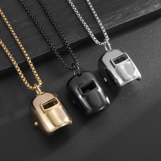 Simple INS Gothic Stainless Steel Gold Welding Helmet Pendant Men Square Pearl Chain Black Necklace