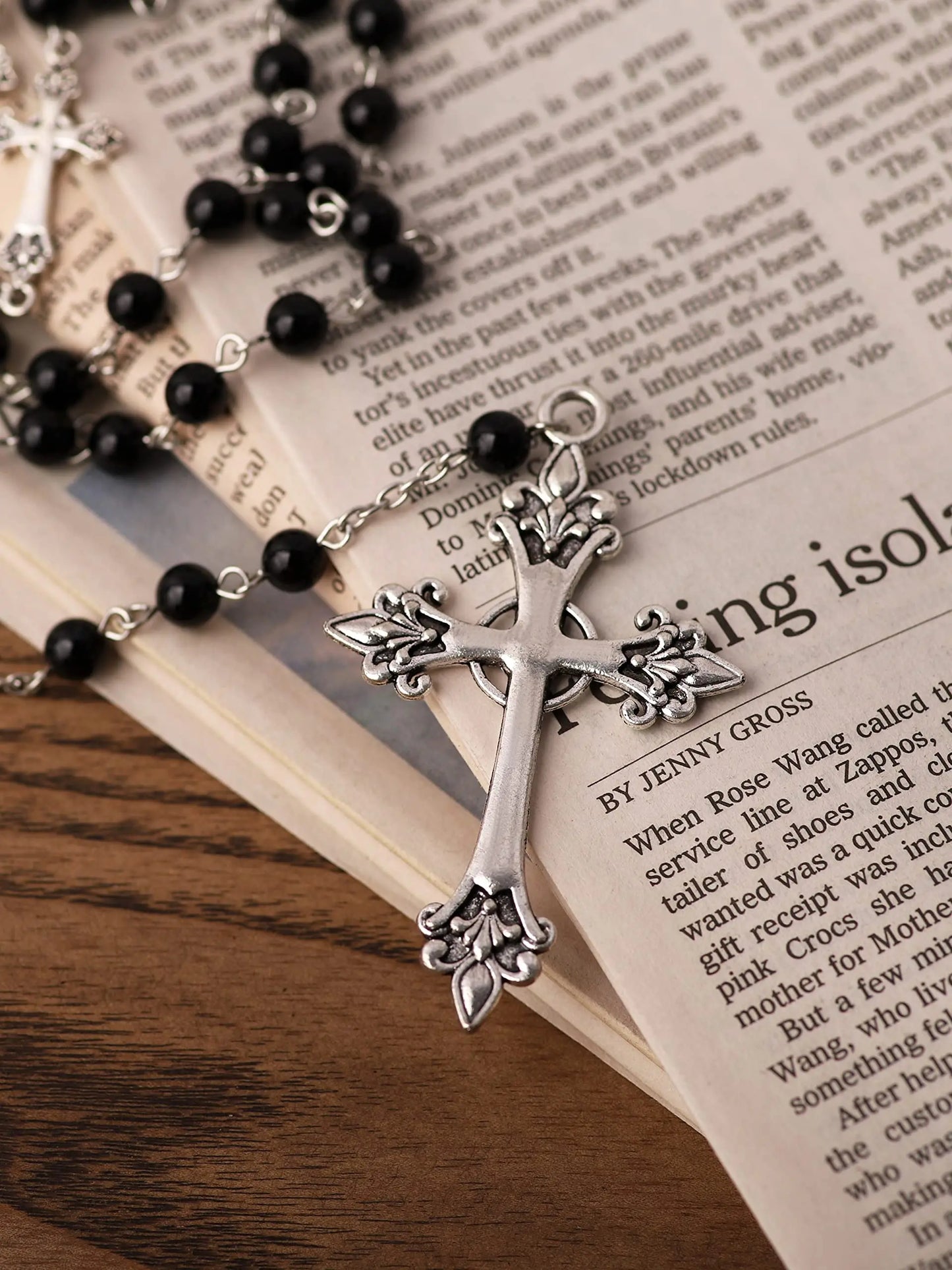 1PC Black Rosary Necklace with Long Cross Pendant Religious Y Necklace for Men And Women Jewelry