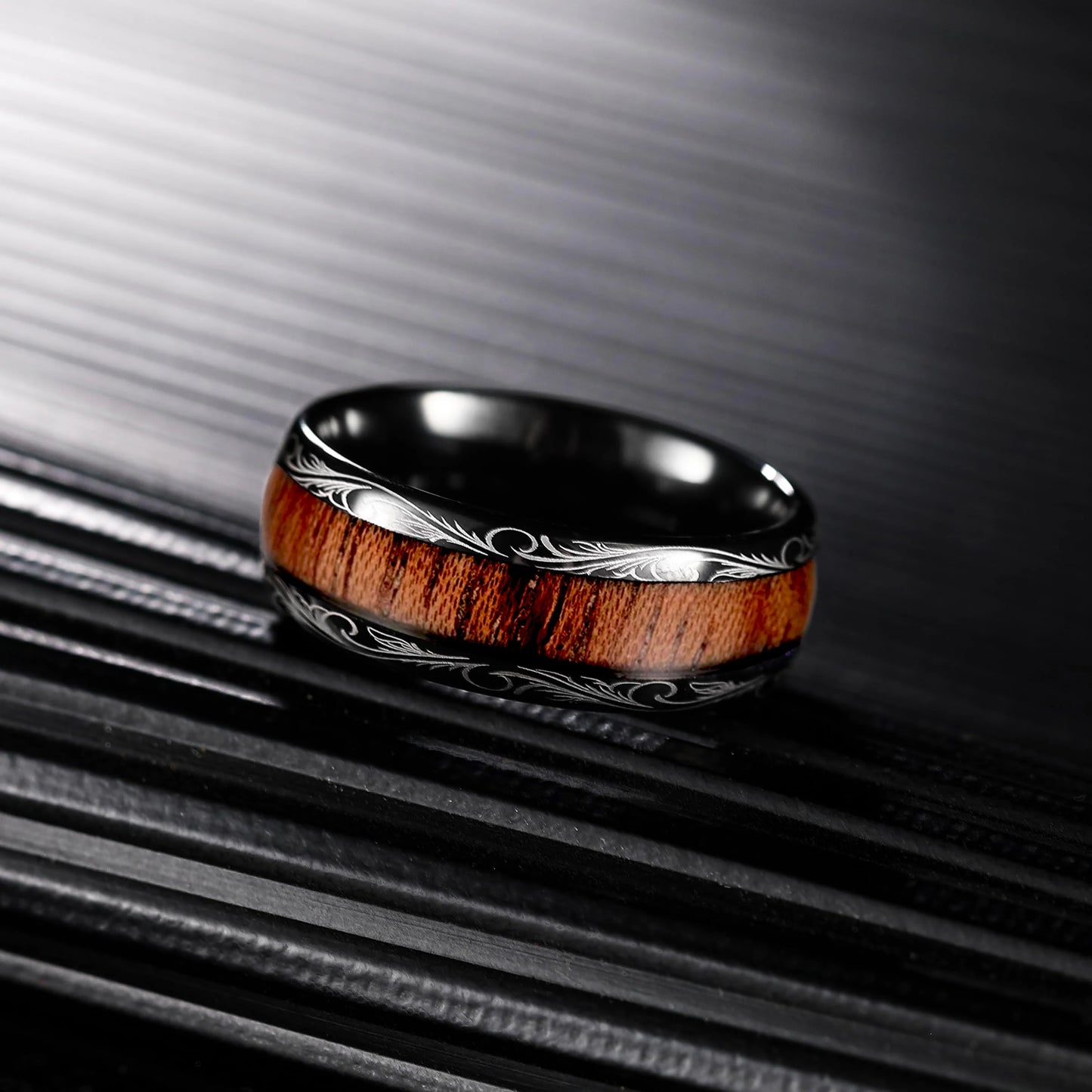 Fashion 8MM Black Stainless Steel Rings For Men Women Domed Koa Wood Inlay Men Rings Wedding Engagement Jewelry Gift
