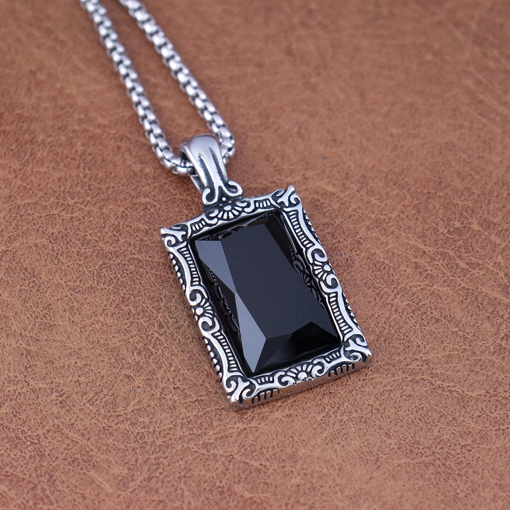 Fashion Popular Women Black Gemstone Necklaces Amulet Stainless Steel Classic Simple Party Pendant Chain Charm Jewelry
