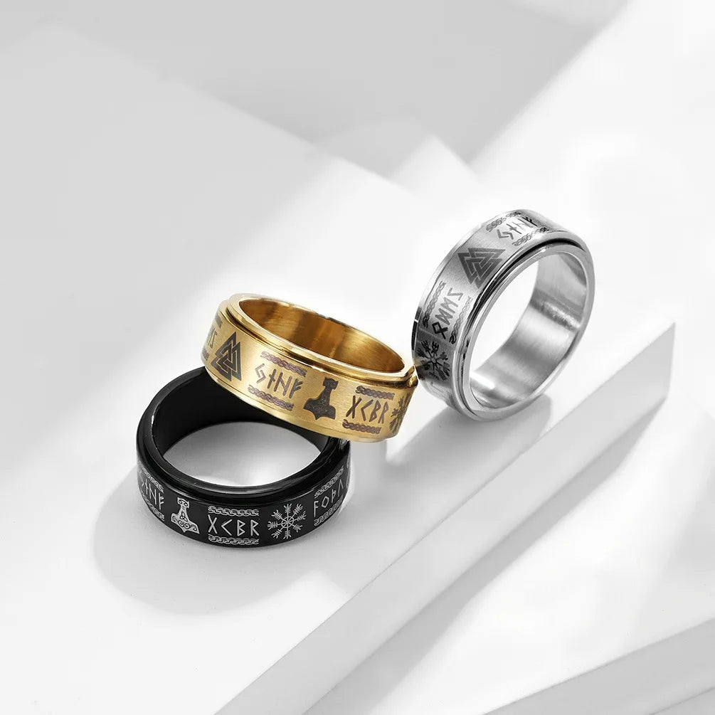 Fashion Stainless Steel Rotate Rotating Anxiety Fidget Rings For Men Vintage Odin Norse Viking Amulet Rune Ring Jewelry Gifts