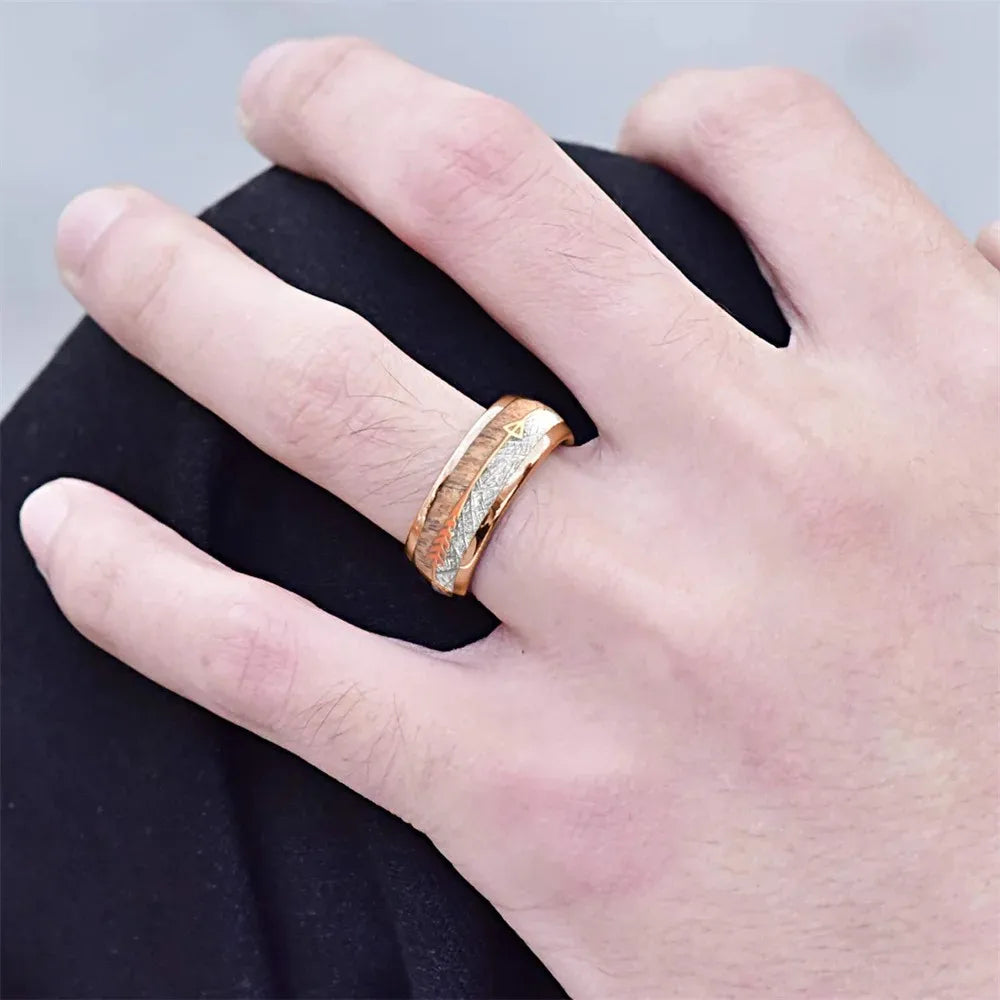 Fashion 8mm Men Stainless Steel Rings Rose Gold Color Brushed Deer Antler And Meteorite Arrow Rings for Men Wedding Band Jewelry