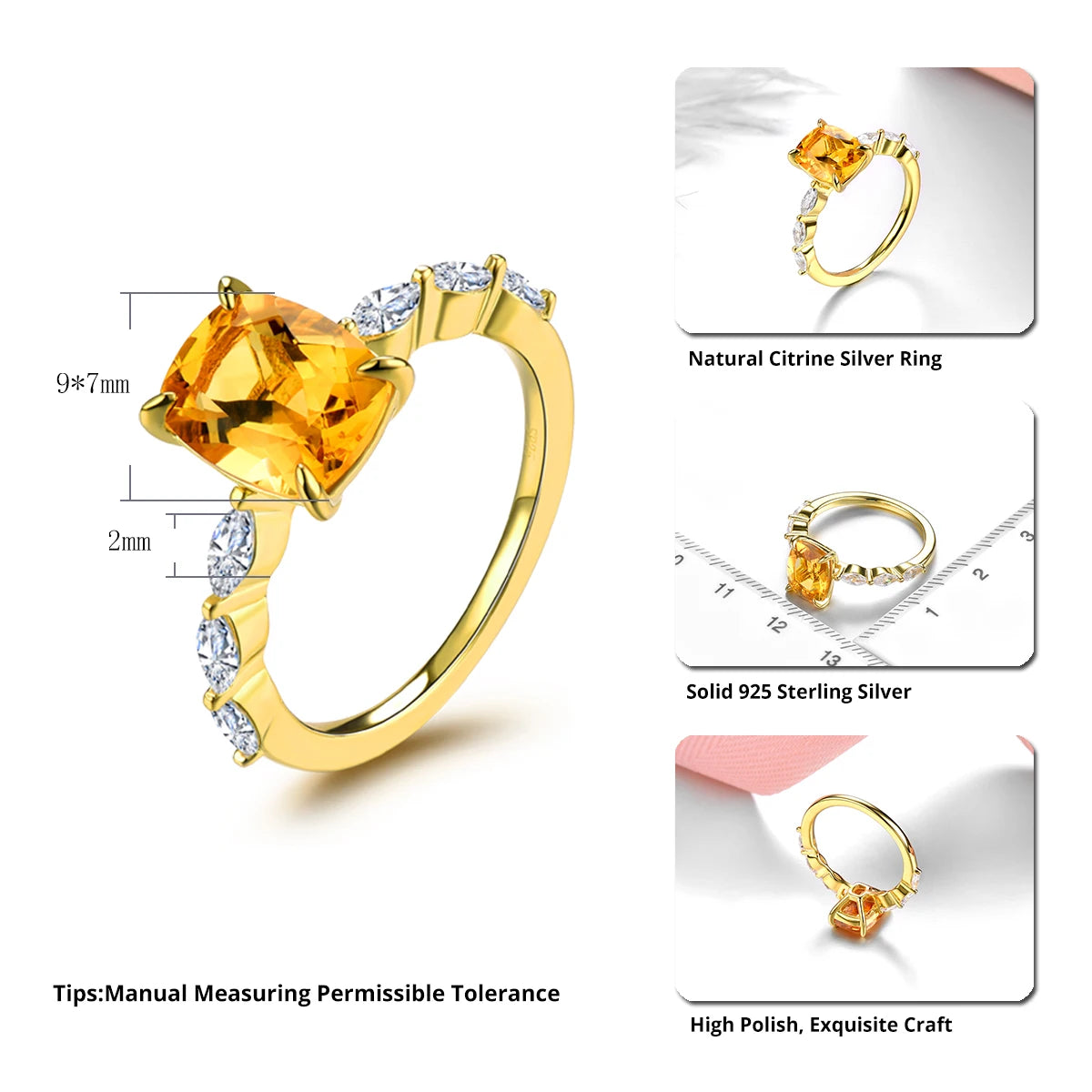 Natural Citrine Sterling Silver Rings Yellow Gold Plated 1.7 Carats Genuine Yellow Crystal Women Classic Style Jewelry Gifts