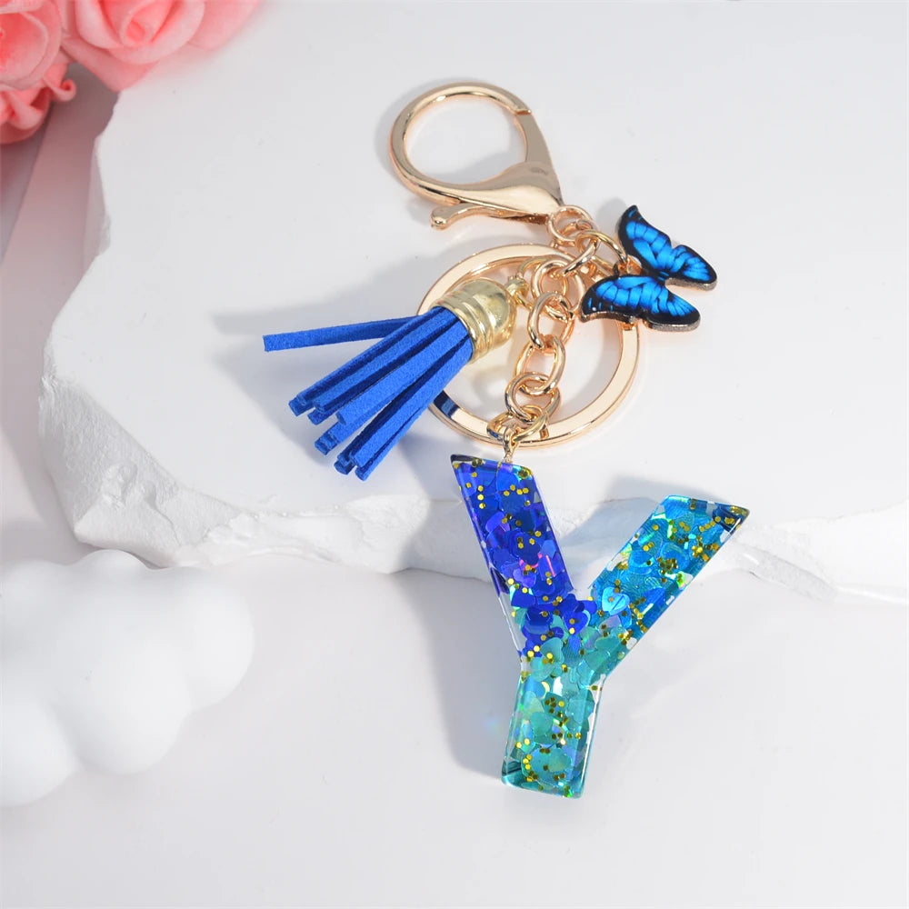 Sea Blue A To Z 26 Letter Keychain Women Wallet Charms 26 Initials Alphabet Butterfly Tassel Pendant With Key Rings Jewelry Gift