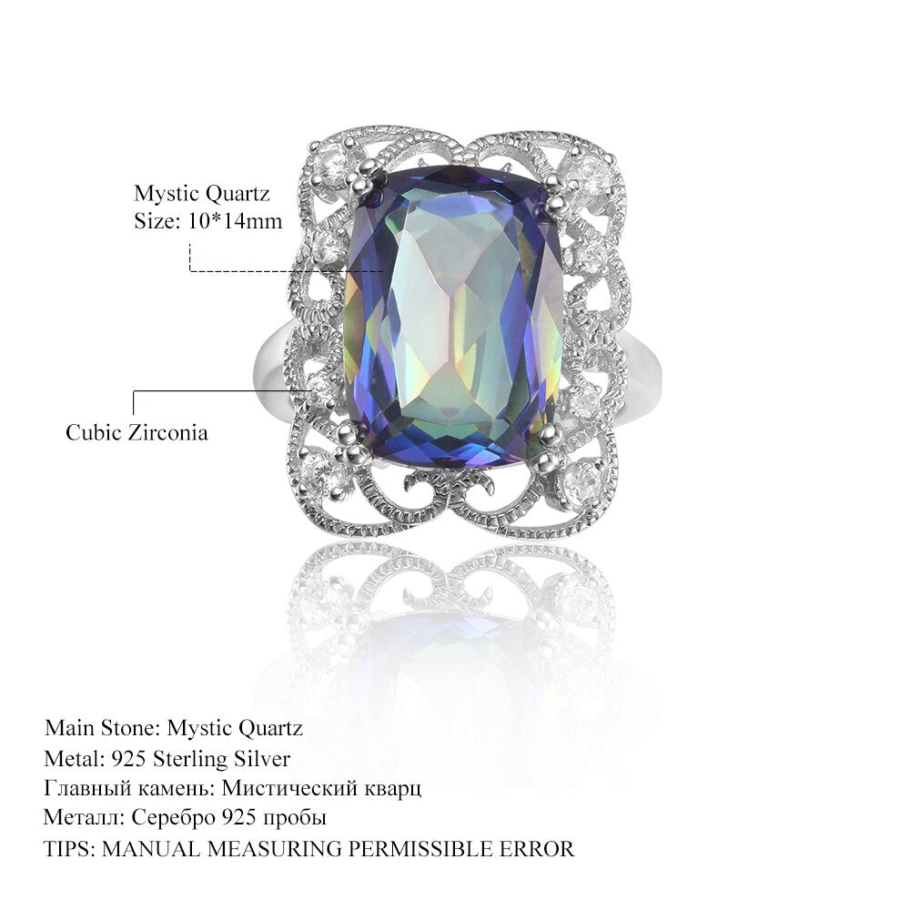 GEM&#39;S BALLET Flower Lace Cocktail Ring 9.66Ct 10x14mm Cushion Huge Mystic Topaz Statement Ring in Sterling Silver Gift For Her