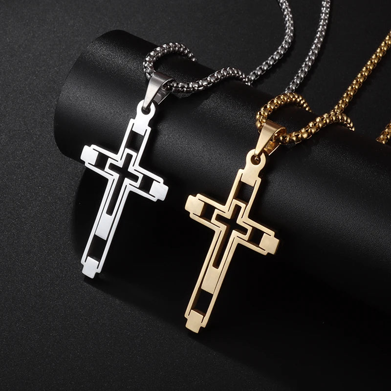 Fashion Creative Cutout Double Cross Stainless Steel Pendant Necklace for Men Classic Women Church Prayer Jewelry