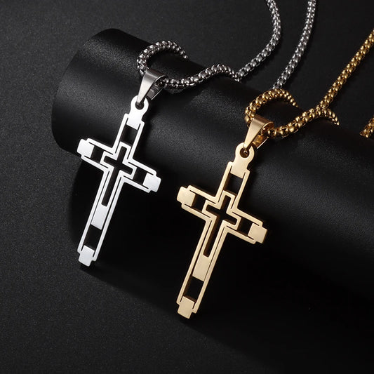 Fashion Creative Cutout Double Cross Stainless Steel Pendant Necklace for Men Classic Women Church Prayer Jewelry