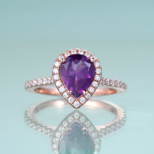 GEM'S BALLET Pear Shape Amethyst Halo Gemstone Wedding Ring in 925 Sterling Silver Engagement Ring For Women Promise Rings