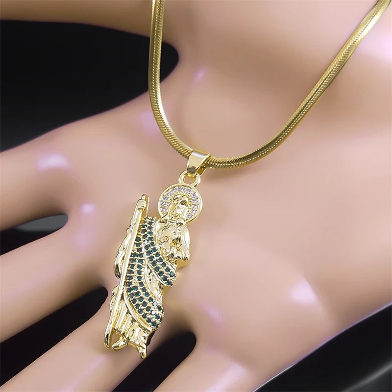 San Judas Tadeo Necklace Zircon Copper Religion Pendant Stainless Steel Snake Chain Saint Jude Thaddeus Necklaces Jewelry NGG43
