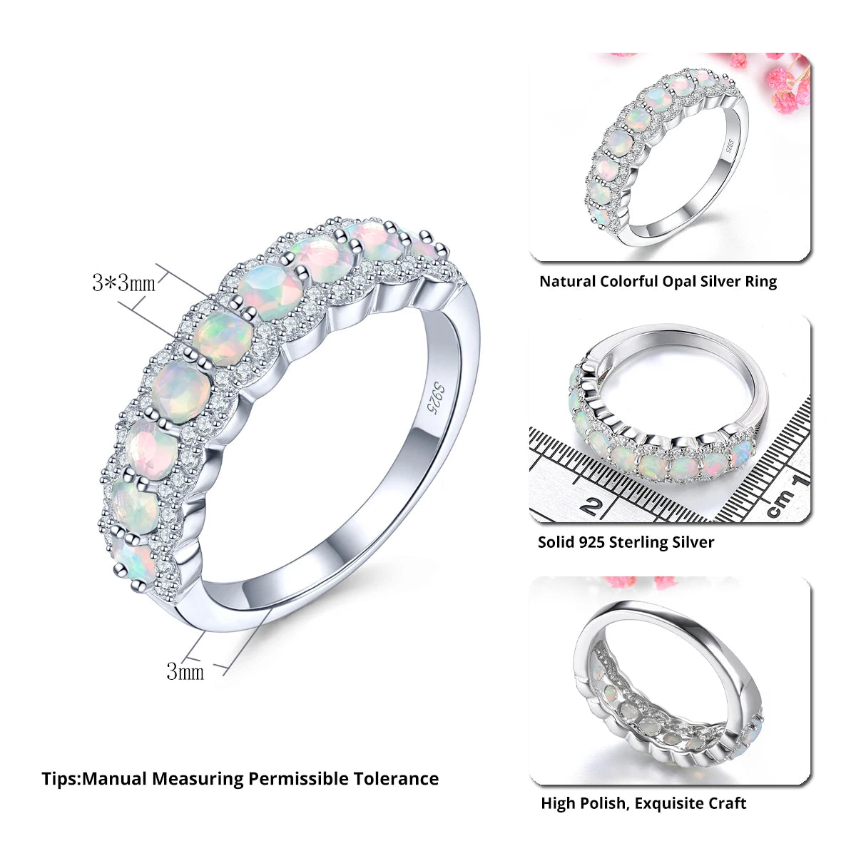 Natural White Opal Sterling Silver Women's Rings 0.6 Carats Genuine Faced Opal Classic Fine Jewelry Design S925 Birthday Gifts