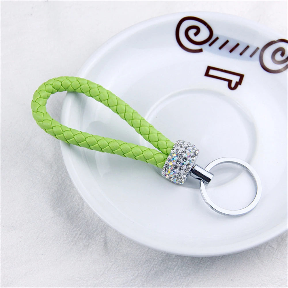 Fashion PU Leather Woven Keychain Glitter Rhinestones Braided Rope Keyring For Men Women Car Key Holder Charms Accessories Gifts N CHINA
