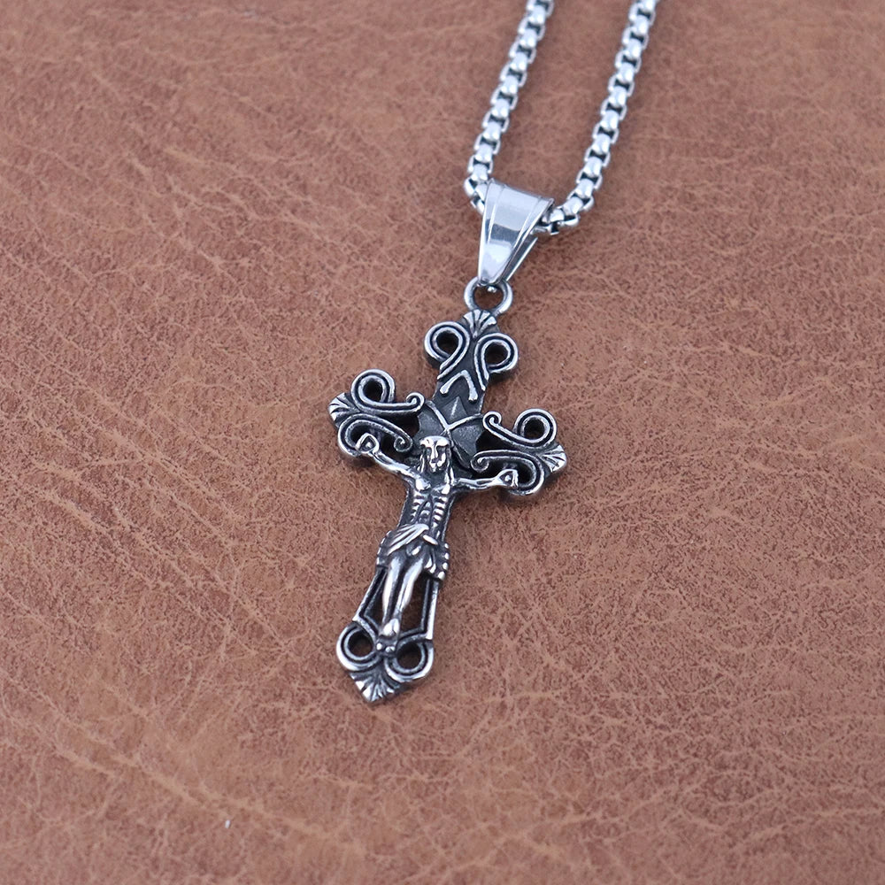 Vintage Stainless Steel Jesus Cross Necklace Men's Classic Religious Believer INRI Cross Pendant Jewelry Creative Gift