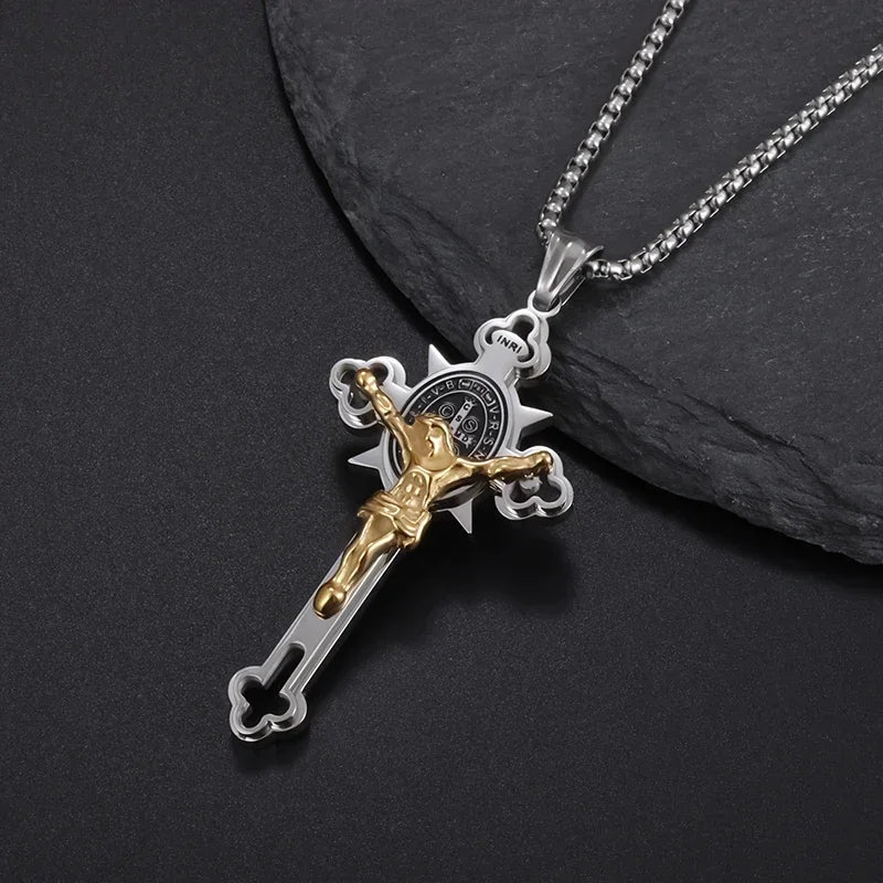 Stainless Steel Cross Letter Pendant Christian Savior Jesus Necklace Men and Women Religious Prayer Amulet Jewelry