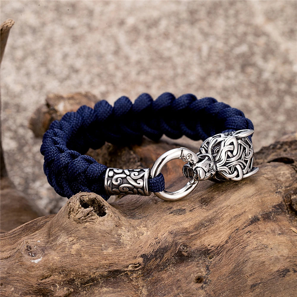 Vintage Norse Runes Celtic Wolf Survival Rope Bracelets Men Handmade Outdoor Stainless Steel Lanyard Wristband Vikings Jewelry