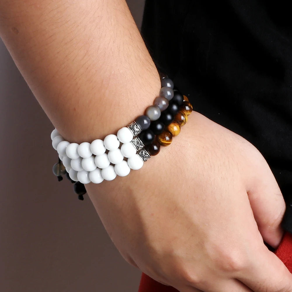 Fashion Black White Beaded Bracelets For Men 8mm Natural White Howlite Stone Beads Bracelet Women Meditation Prayer Jewelry Gift