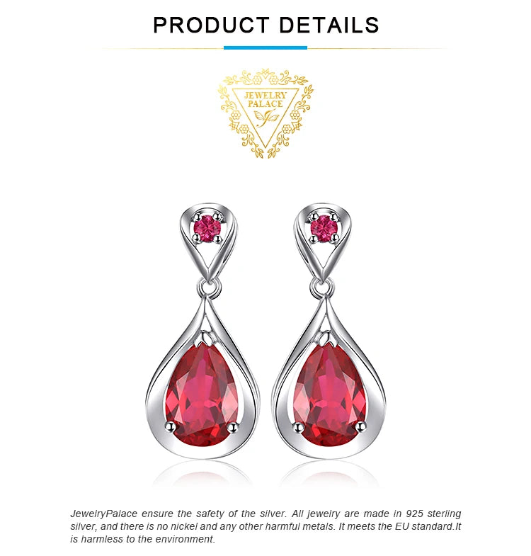 JewelryPalace Water Drop 7.6ct Created Red Ruby 925 Sterling Silver Dangle Drop Earrings for Women