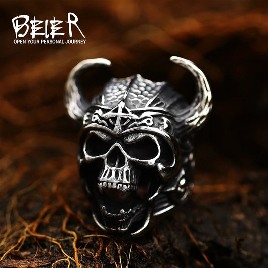 Beier 316L Stainless Steel Viking Warrior Skull Cross Men's Ring Punk Nordic Horns War God High Quality Jewelry LLBR8-692R