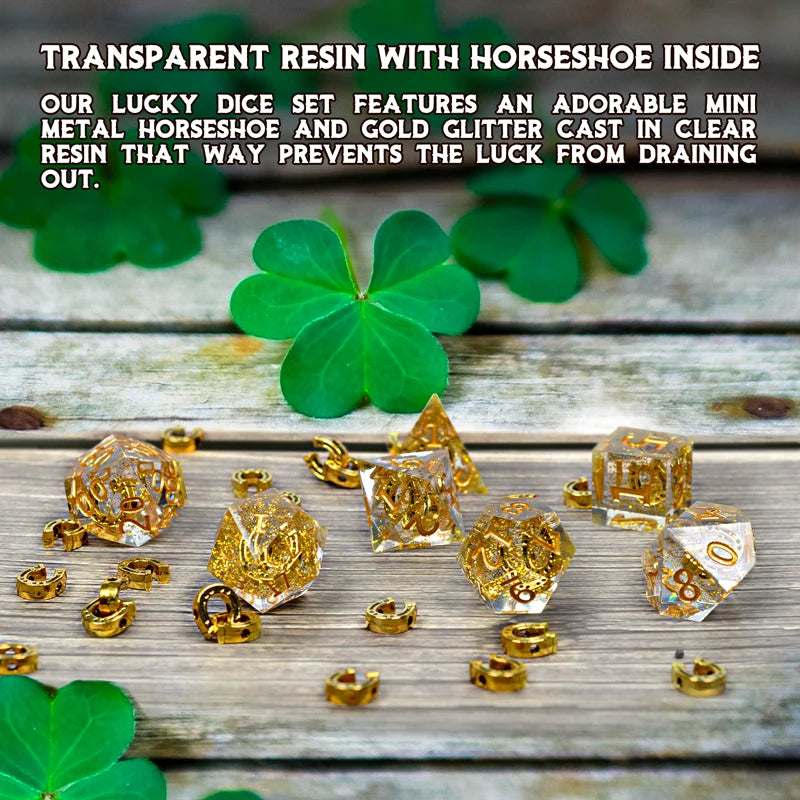 DND Dice Set Transparent Resin Sharp Edge Filled with Lucky Horseshoe & Glitter Inside - 7 Polyhedral Gaming Dice for Borad Game