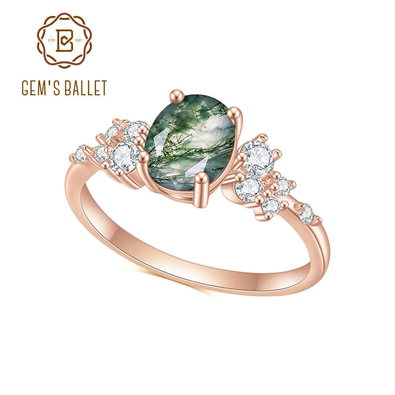 GEM'S BALLET 1.18CTW Oval Cut Moss Agate Antique Bridal Engagement Rings in 925 Sterling Silver Women's Gemstone Ring