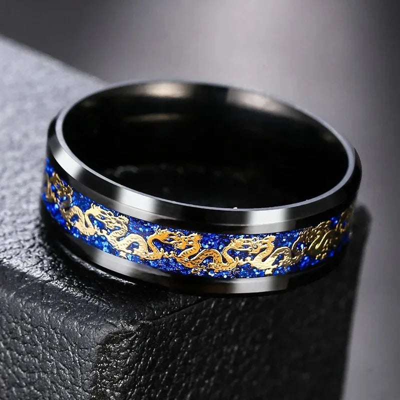 Fashion 8mm Men Stainless Steel Dragon Ring Vintage Punk Chinese Dragon Pattern Carbon Fiber Rings For Men Wedding Party Jewelry
