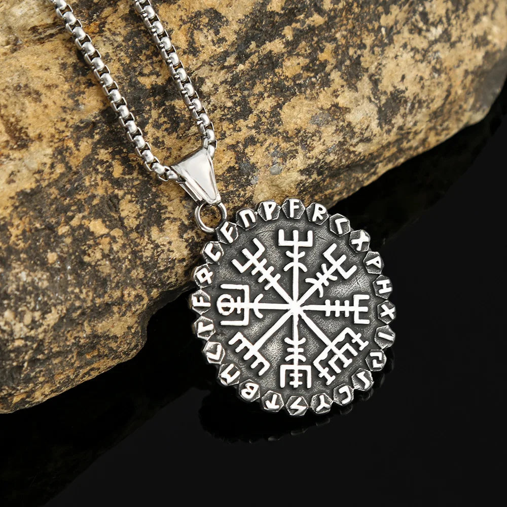 Stainless Steel Men Nordic Guidepost Compass Necklace Vintage Viking Rune Pendant Chain Vegvisir Amulet Scandinavian Norse Gifts