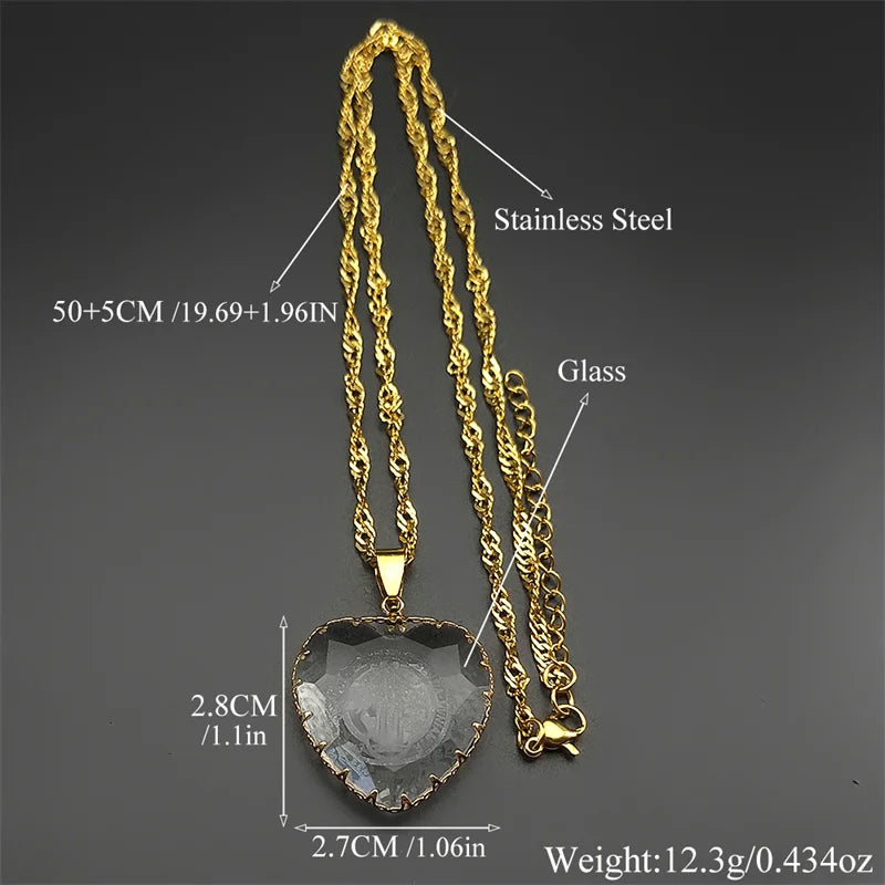 Catholic Saint Benedict Blue Heart Glass Pendant Necklace for Women Men Stainless Steel Chain Necklaces Jewelry San Benito