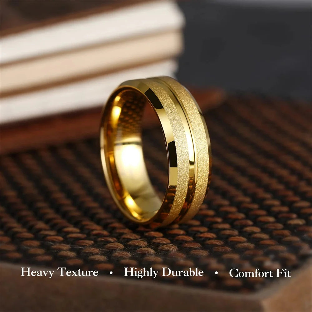 Trendy 8mm Men Frosted Stainless Steel Rings, Gold Color Brushed Groove Beveled Edge Engagement Rings For Men, Wedding Jewelry
