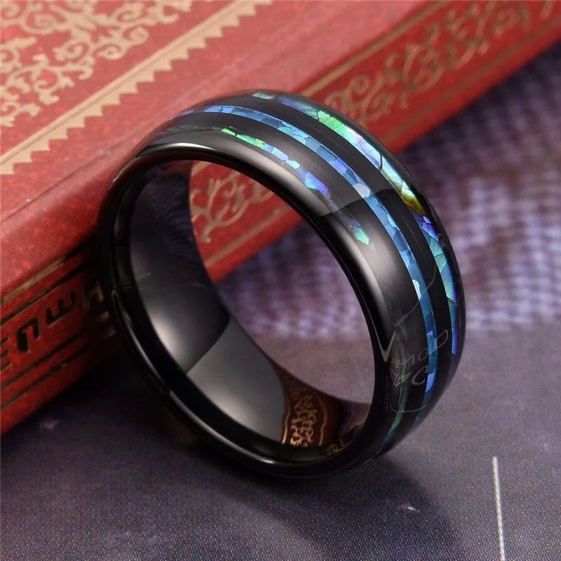 Fashion 8MM Rose Gold Color Stainless Steel Rings For Men Women Colorful Abalone Shell  Inlaid Men Rings Wedding Party Jewelry