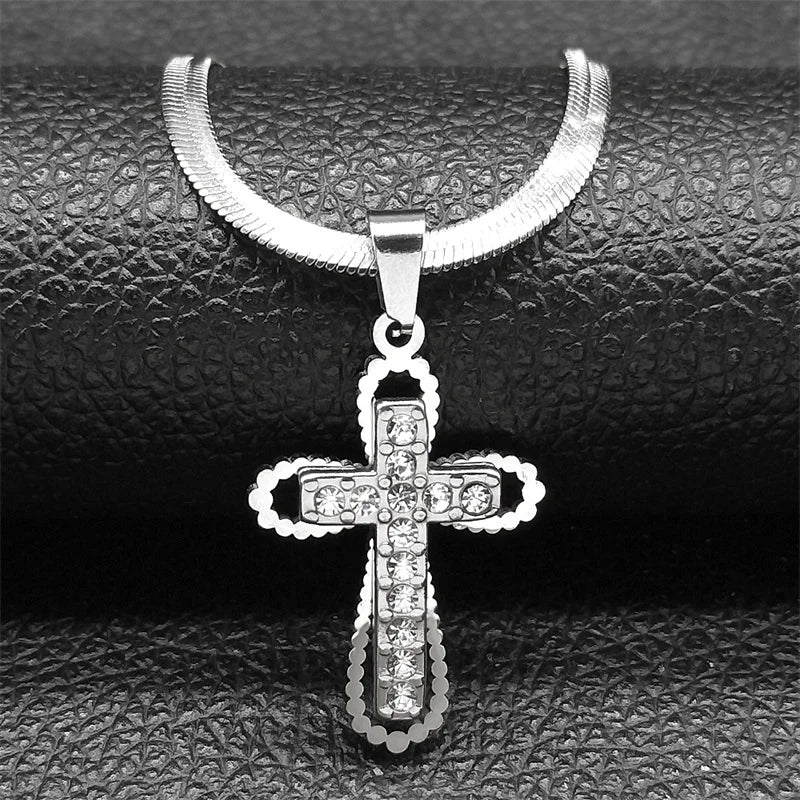 Vintage Shiny Zircon Jesus Cross Religious Amulet Necklace Women Stainless Steel Clavicle Snake Chain Choker Necklaces Jewelry