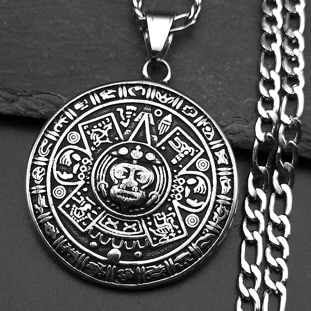 Vintage Mayan Symbol Pendant Necklace For Men Women Stainless Steel Black Ethnic Style Faith Amulet Chain Jewelry Accessories