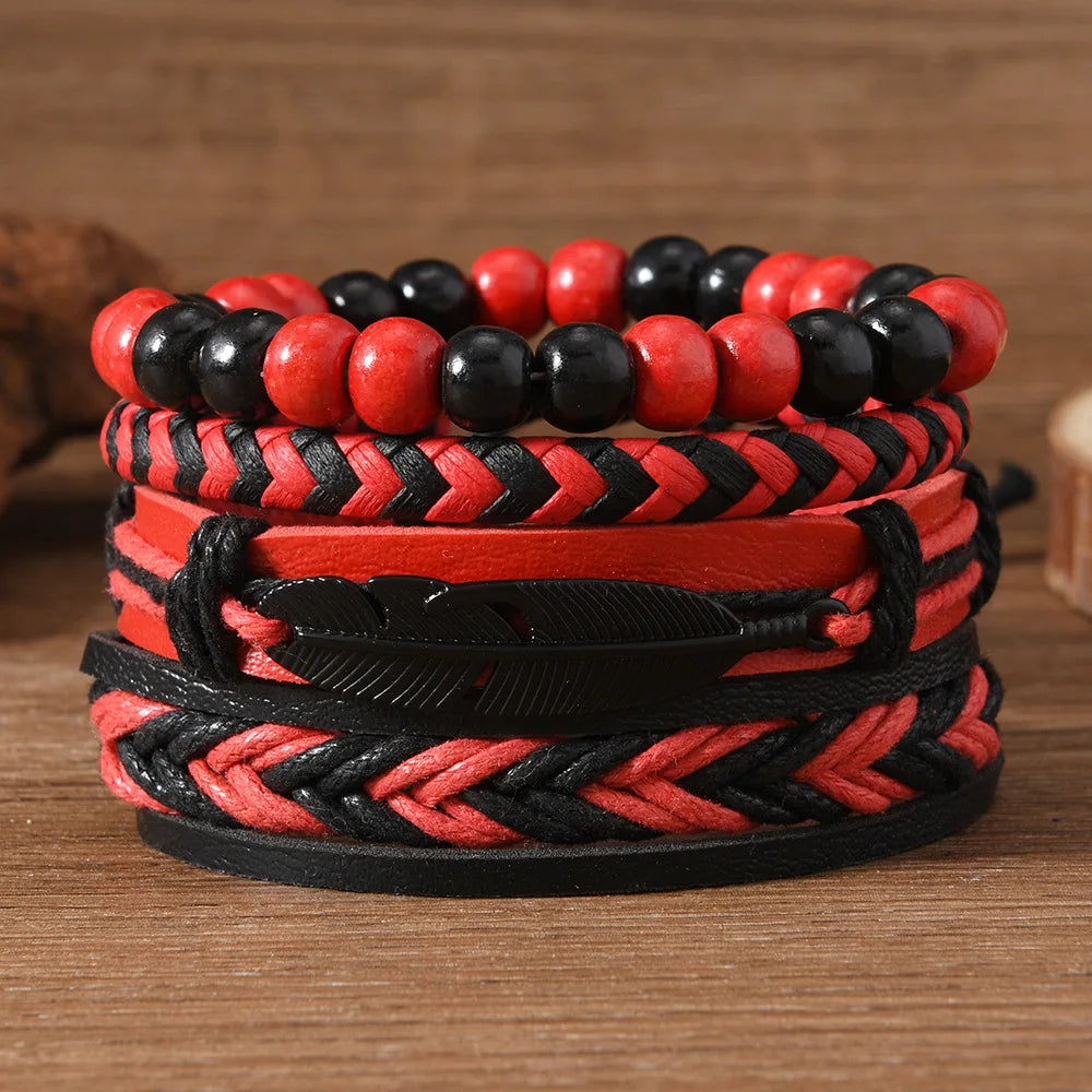 Red Beads Vintage Feather Casual 4 Pc/set Handmade Men Bracelets Male Women Leather Bracelets Men Bangle Wholesale Jewelry Gift