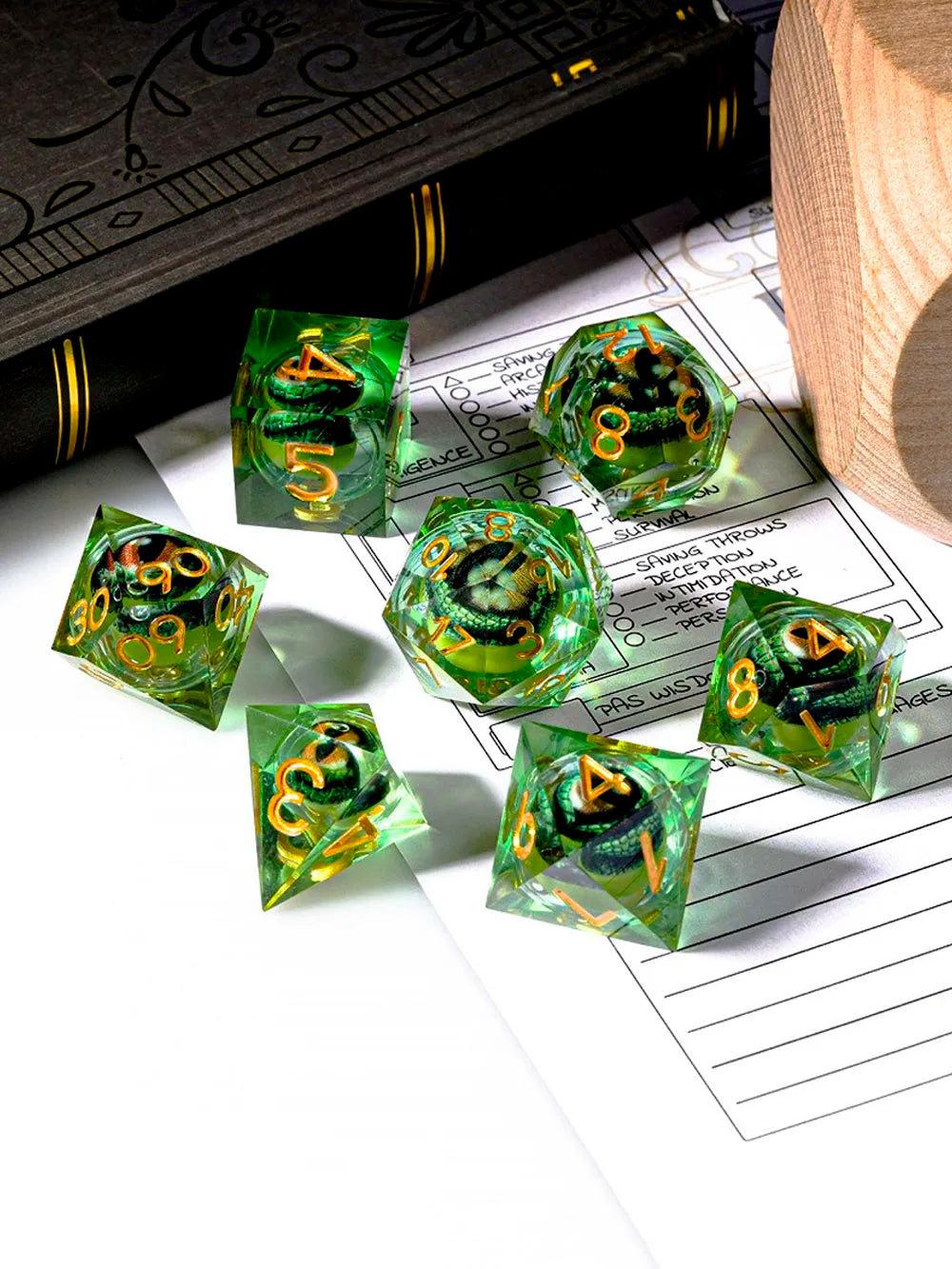 1-7pcs Crocodile Eye DND Solid Resin Dice Set Gold/Sliver Word Multi-sided Polyhedral Dice for D&D Game COC Role Play RPG D6~D20 7pcs Pruple Golden