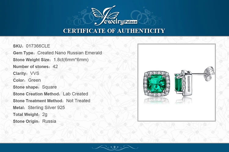 JewelryPalace Created Nano Emerald Stud Earrings 925 Sterling Silver Earrings for Women Gemstones Korean Earings Fashion Jewelry