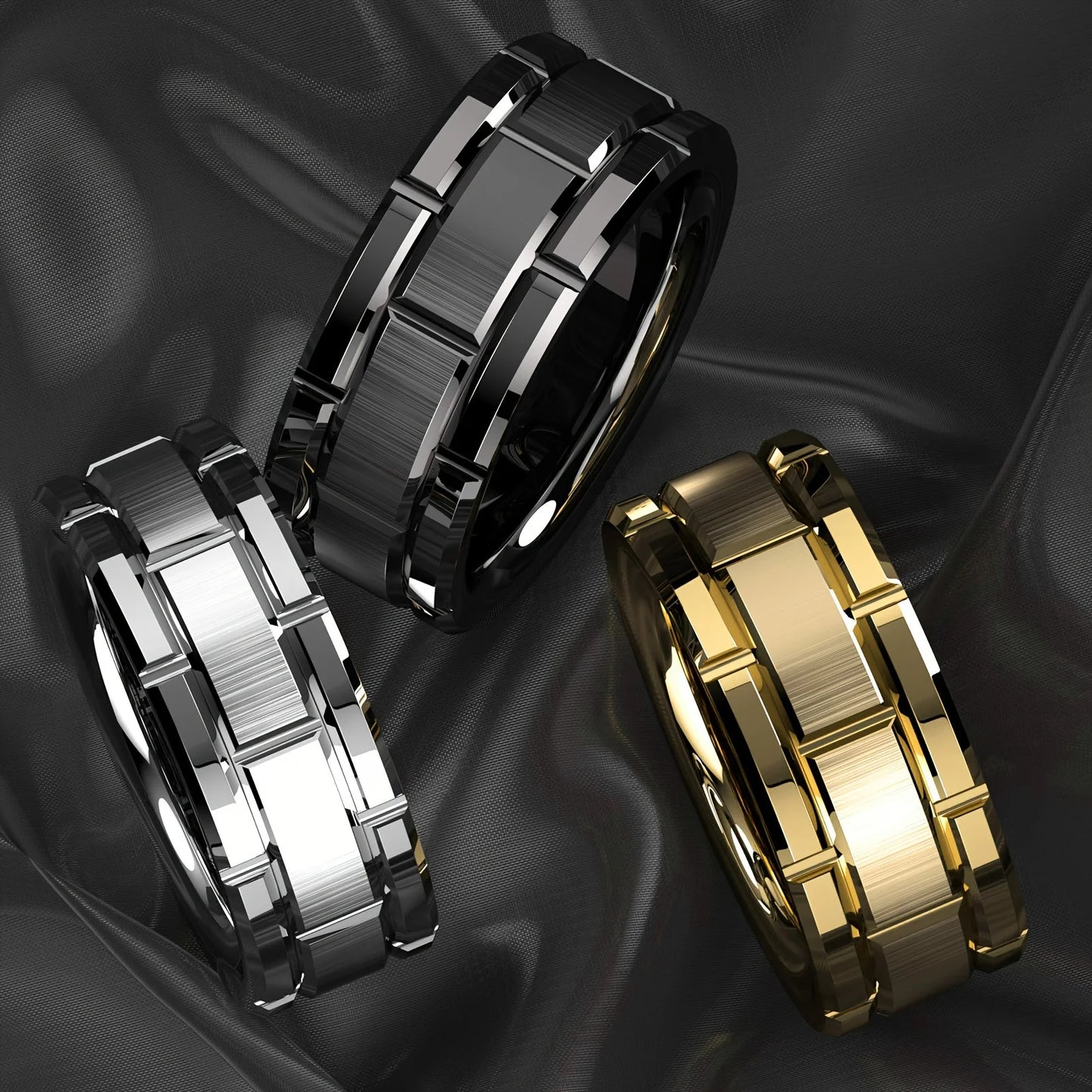 Fashion 8mm Brick Pattern Stainless Steel Rings For Men Black Brushed Double Groove Men Engagement Rings Wedding Band Jewelry
