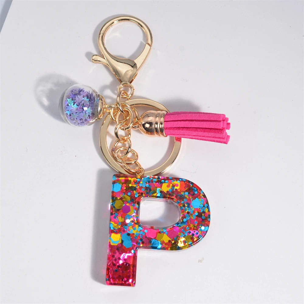 Colorful Letter Keychain Pendant Glitter Sequin Resin Key Chain Tassel Charms With Ball Keyring Jewelry For Women Bag Ornaments P