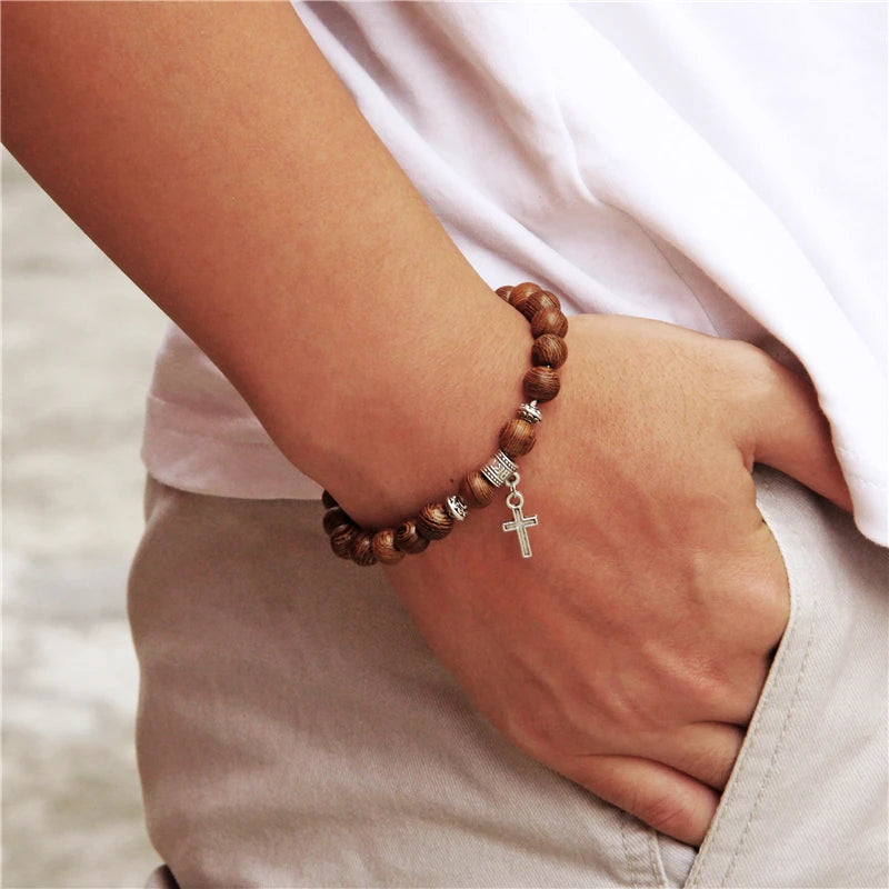 Trendy Men Beads Bracelet Slivers Color Cross Pendant Bracelet Natural Stone Bracelets Charm for Women Healing Prayer Jewelry