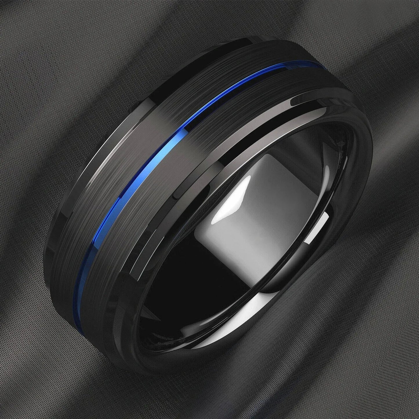 Fashion 8mm Stainless Steel Rings For Men Women Blue Groove Step Edge Black Brushed Engagement Rings Wedding Anniversary Jewelry