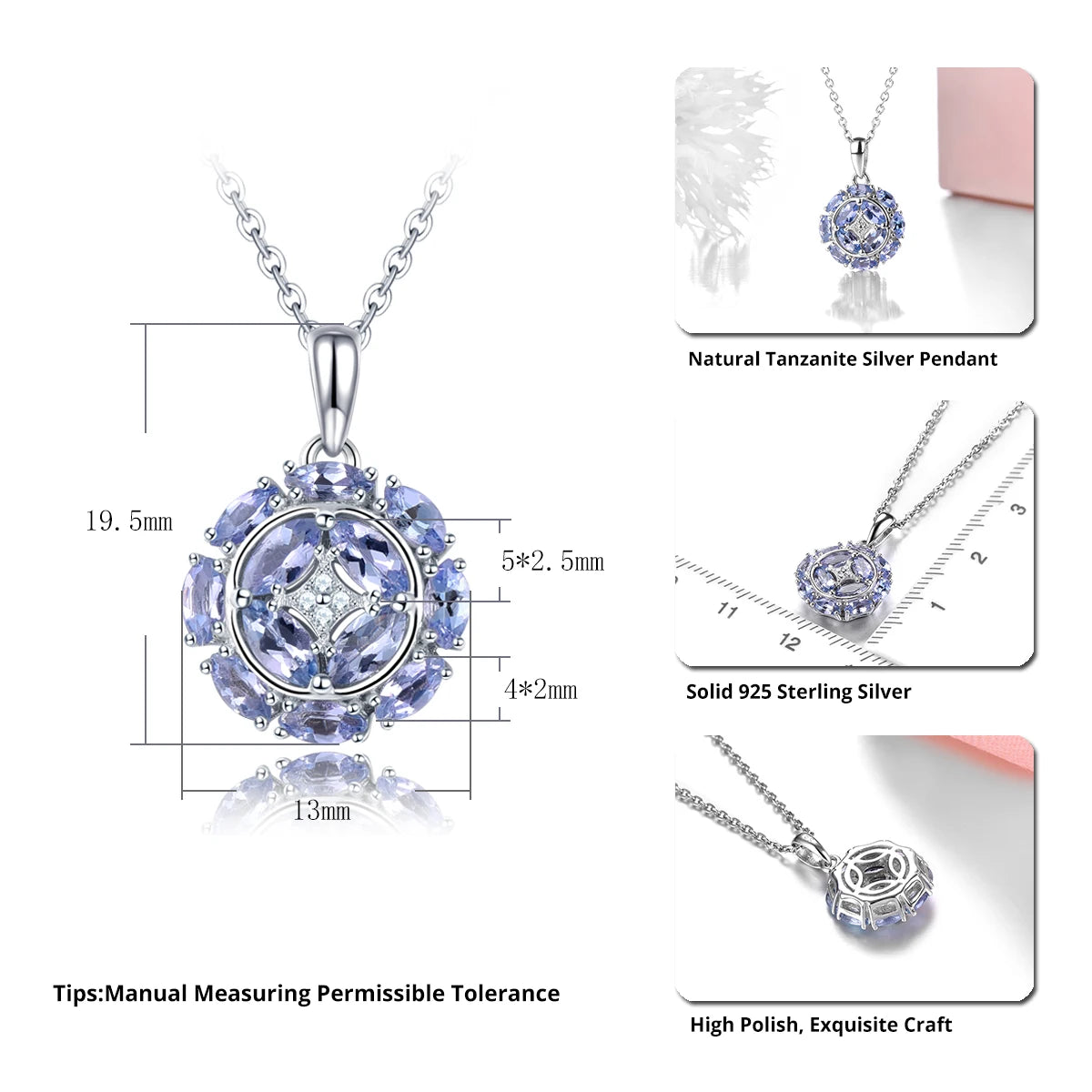 Natural Tanzanite Solid Silver Pendants 1.3 Carats Genuine Gemstone Women's Classic Charming Style Jewelry Gift for Anniversary