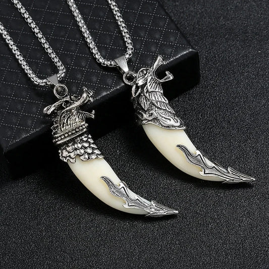 Fashionable Silver Wolf Head Natural Stone Wolf Tooth Pendant Dragon Head Necklace Men\'s Rock and Roll Motorcycle Party Jewelry