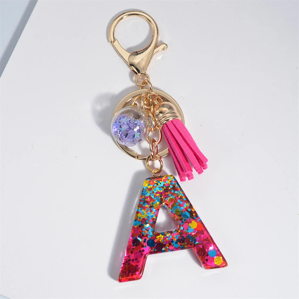 Colorful Letter Keychain Pendant Glitter Sequin Resin Key Chain Tassel Charms With Ball Keyring Jewelry For Women Bag Ornaments A