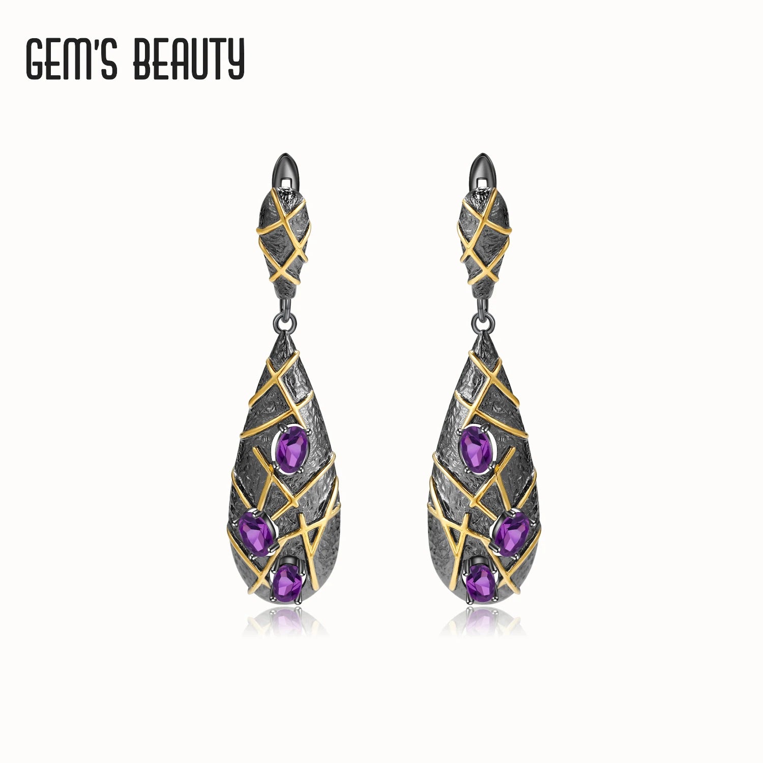 GEM'S BEAUTY 925 Sterling Silver Pear Birthstone Earring For Women Natural Oval Cut Amethyst Earring Couple Romantic Gift Default Title