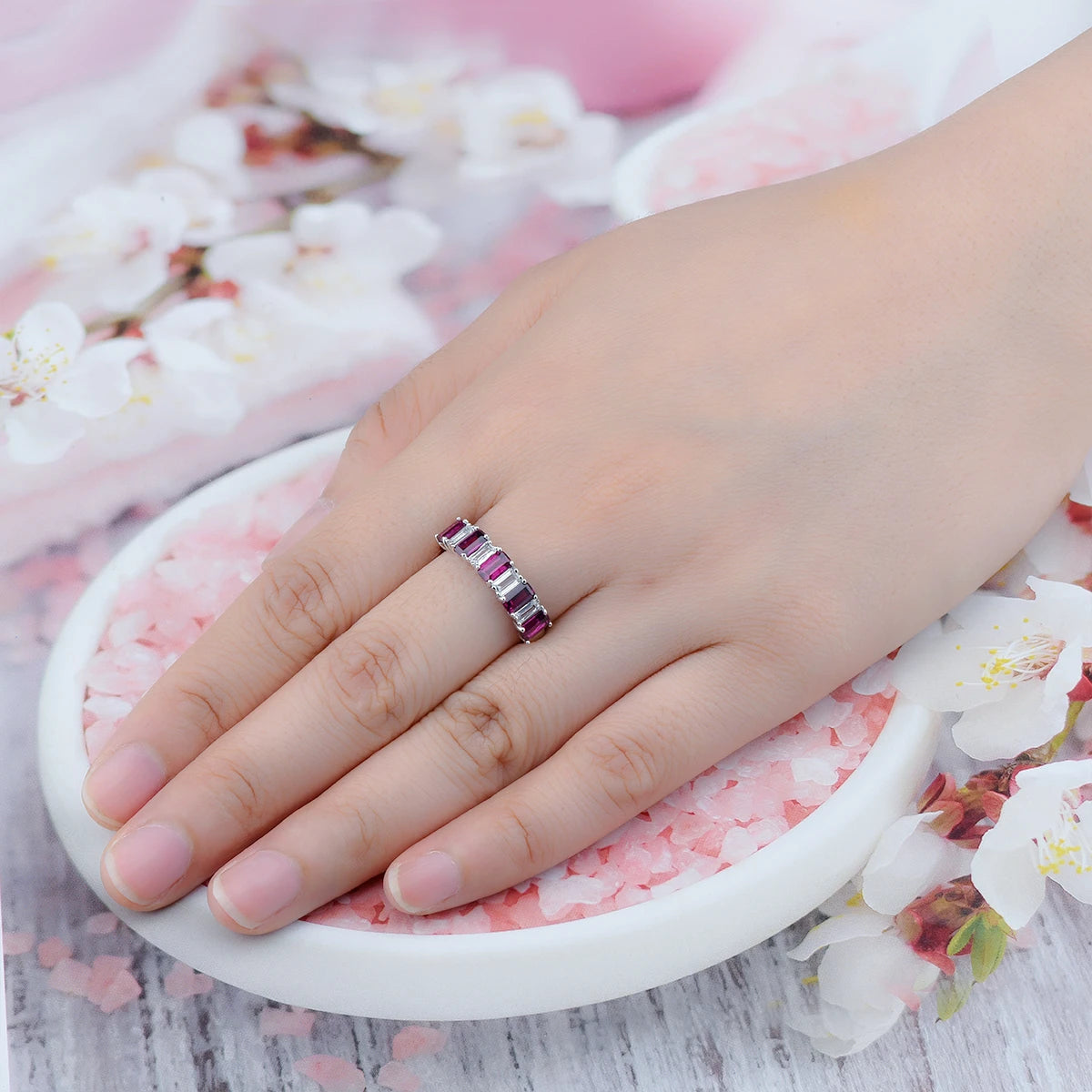 Natural Rhodolite Garnet White Topaz Silver Rings 2.8 Carats Octagon Cut Women Romantic Classic Design S925 Fine Jewelrys