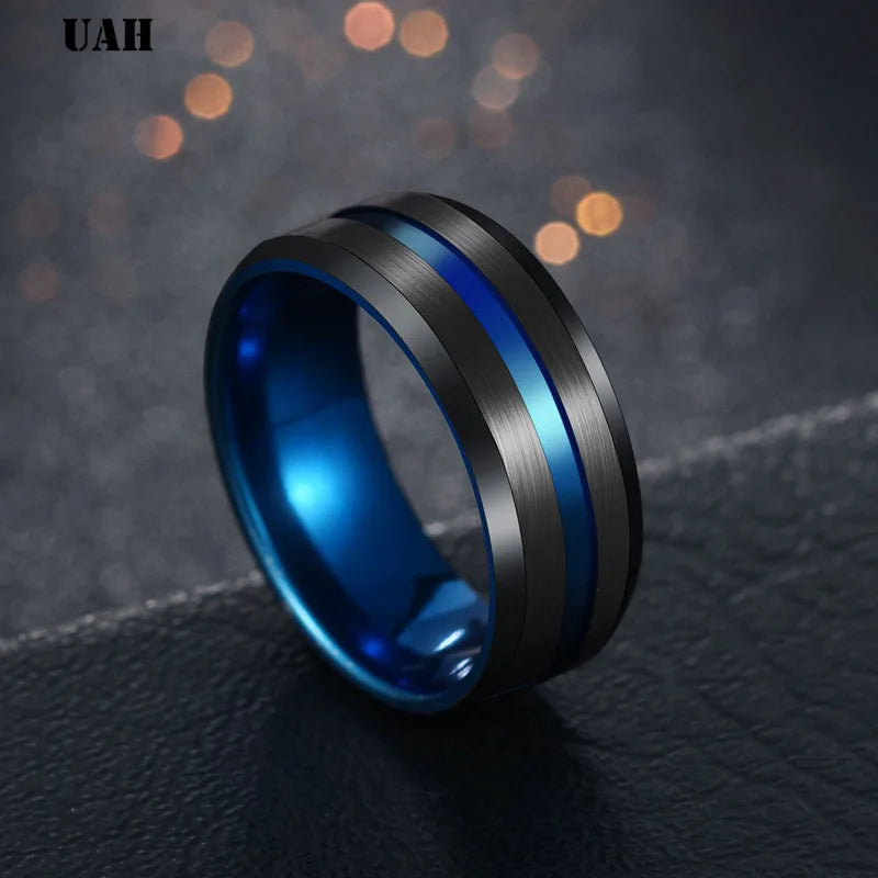 UAH Hot Sale Groove Rings Black Blu Stainless Steel Midi Rings For Men Charm Male Jewelry Dropshipping