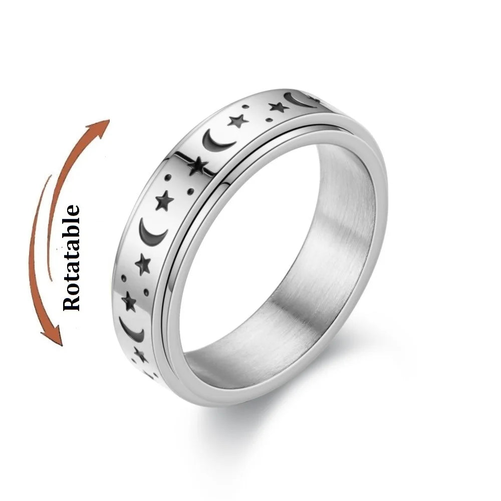 Frosted Stainless Steel Moon And Star Fidget Rings For Men Anti Stress And Anxiety Rotating Ring Fidget Metal Spinner Anillos