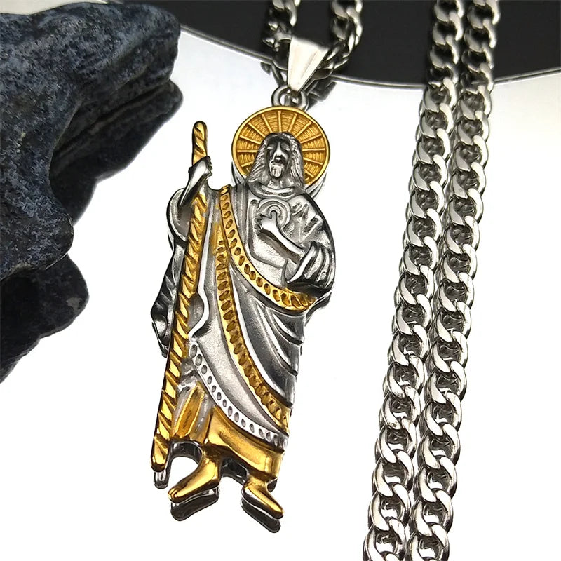 San Judas Tadeo Pendant Necklace for Men Women Stainless Steel Gold Silver Color Catholic Saints Apostle of Jesus Chain Jewelry