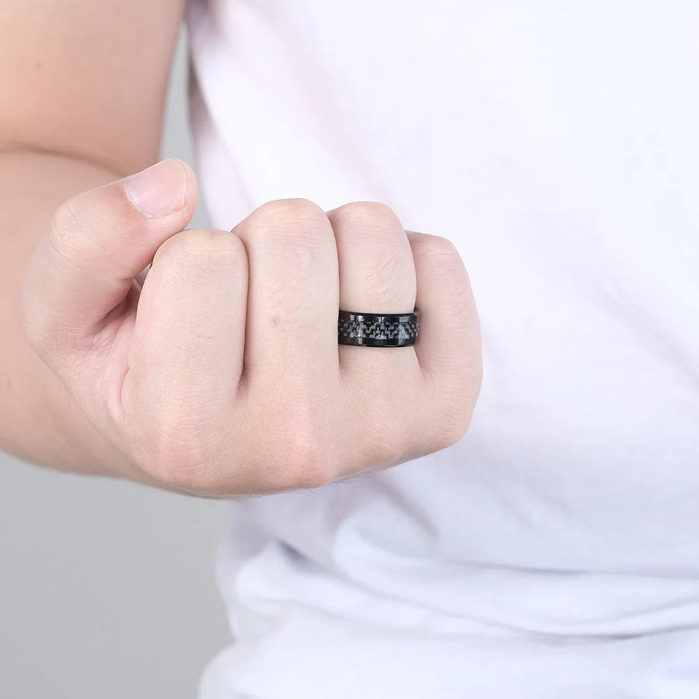 Fashion 8mm Black Stainless Steel Dragon Rings For Men Women Inlaid Blue Carbon Fiber Men Rings Punk Wedding Band Jewelry Gifts