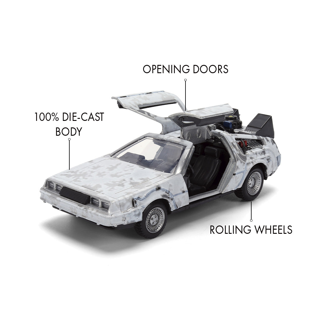 Back to the Future die-cast 1:32 scale 40th Anniversary "Hollywood Rides" DeLorean Time Machine (Frost Finished)